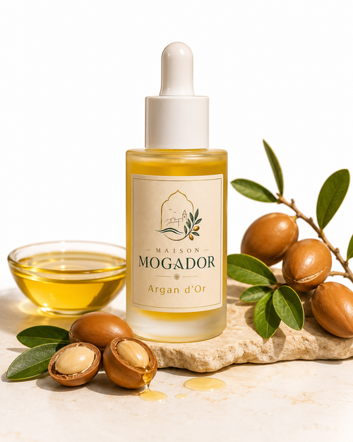 Flacon d’huile d’argan Argan d’Or Maison Mogador, soin naturel pour nourrir la peau, les cheveux, les ongles et les zones sèches.
