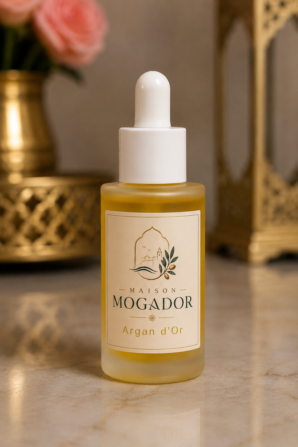 Flacon d’huile d’argan Argan d’Or Maison Mogador, soin naturel pour nourrir la peau, les cheveux, les ongles et les zones sèches.