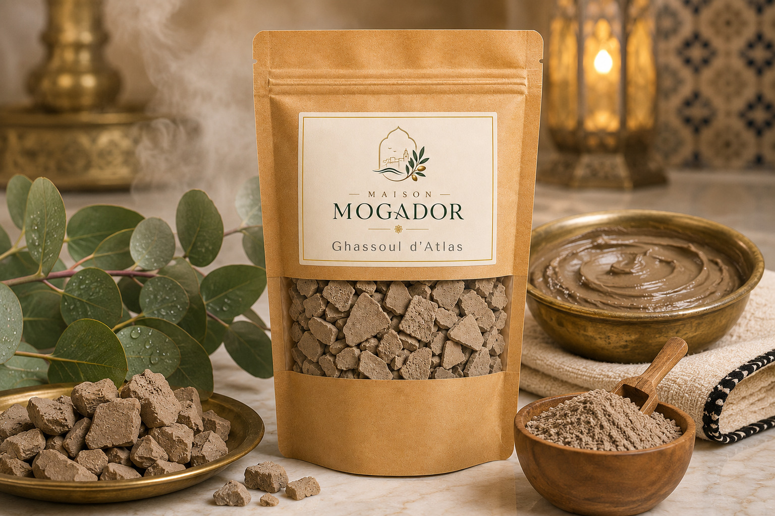 Sachet de Ghassoul d’Atlas Maison Mogador, argile marocaine naturelle utilisée en masque pour le visage, le corps et les cheveux.