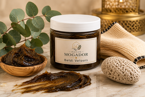 Pot de savon noir Beldi Velours Maison Mogador, soin traditionnel marocain utilisé au hammam pour préparer la peau au gommage.