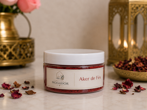 Pot de poudre Aker de Fès Maison Mogador, soin traditionnel marocain à la teinte rouge utilisé pour apporter un effet bonne mine naturel.