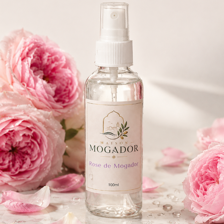 Flacon Rose de Mogador, eau de rose naturelle à utiliser comme brume visage, lotion tonique ou base pour les soins traditionnels marocains.