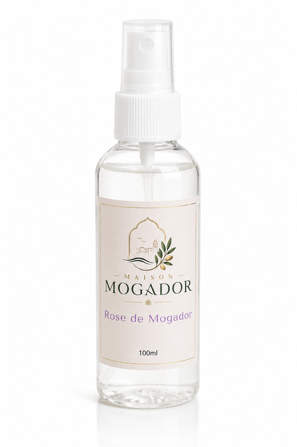 Flacon Rose de Mogador, eau de rose naturelle à utiliser comme brume visage, lotion tonique ou base pour les soins traditionnels marocains.