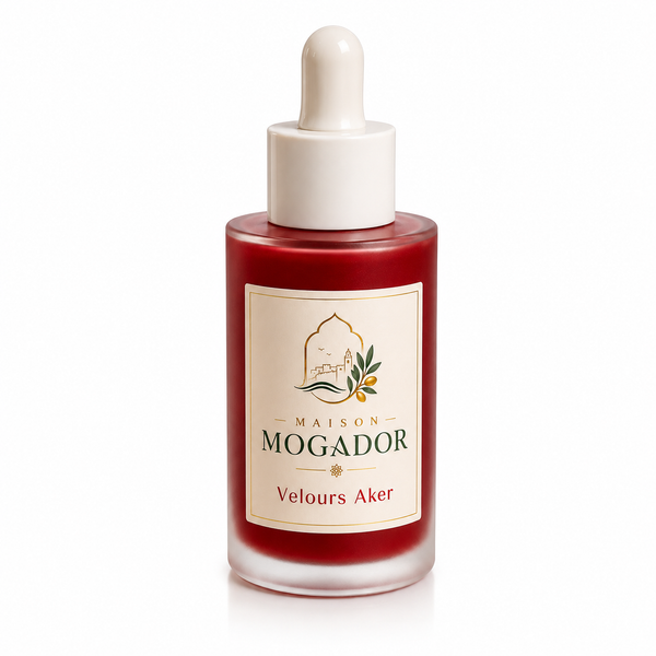 Flacon de sérum Velours Aker Maison Mogador, soin teinté inspiré de l’Aker Fassi pour colorer naturellement les lèvres et les joues.