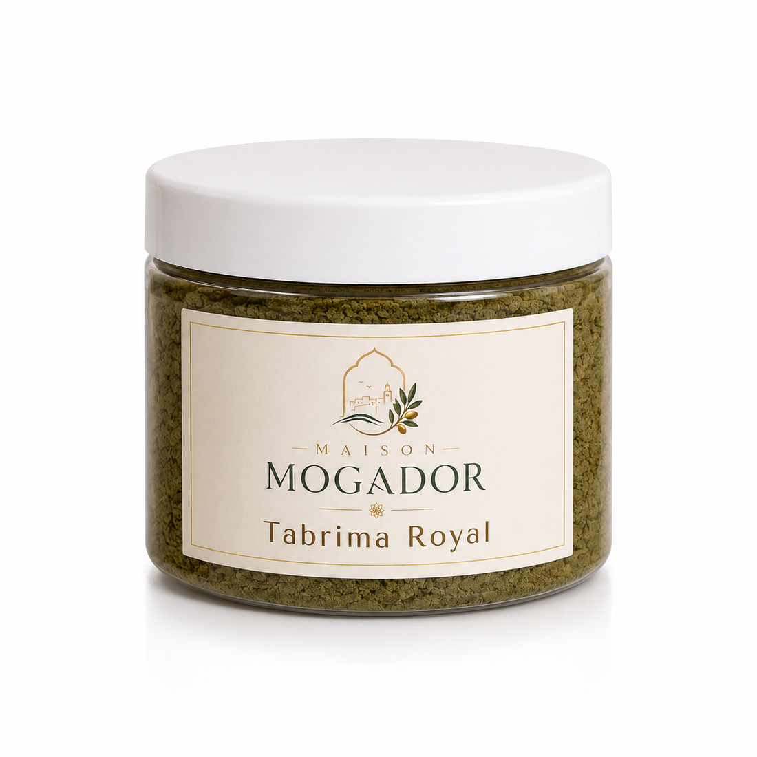 Pot de Tabrima Royal Maison Mogador, poudre traditionnelle marocaine à mélanger pour créer un soin hammam corps naturel.